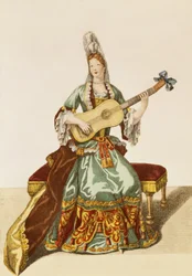 Lady of Quality Playing the Guitar, Fashion Plate, c.1695